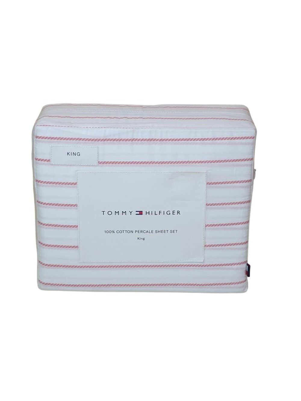 Tommy Hilfiger 100% Cotton Percale King Sheet Set In Rope Stripe Pink & White